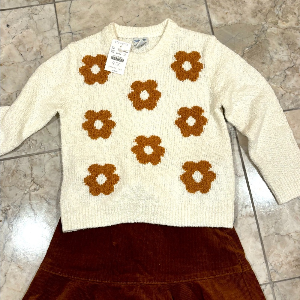 Crewcuts Girls Cozy Sweater, brand new! Ivory with brown/tan flowers - Picture 3 of 4